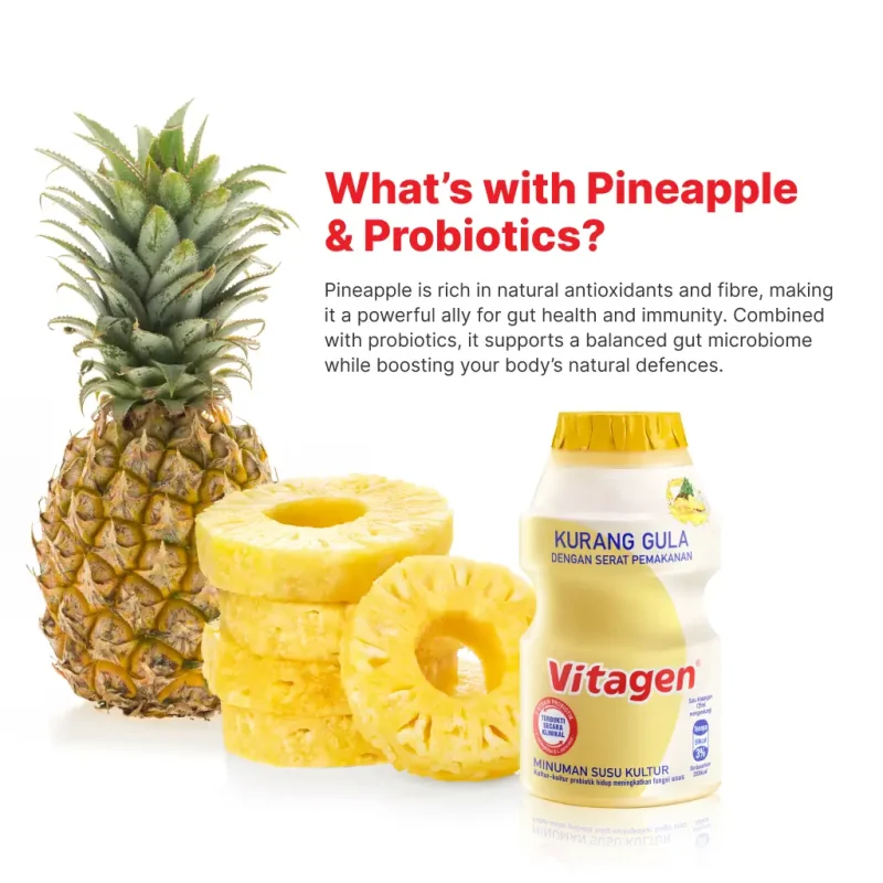VITAGEN Less Sugar Pineapple flavour bottle accompanied by sliced pineapple