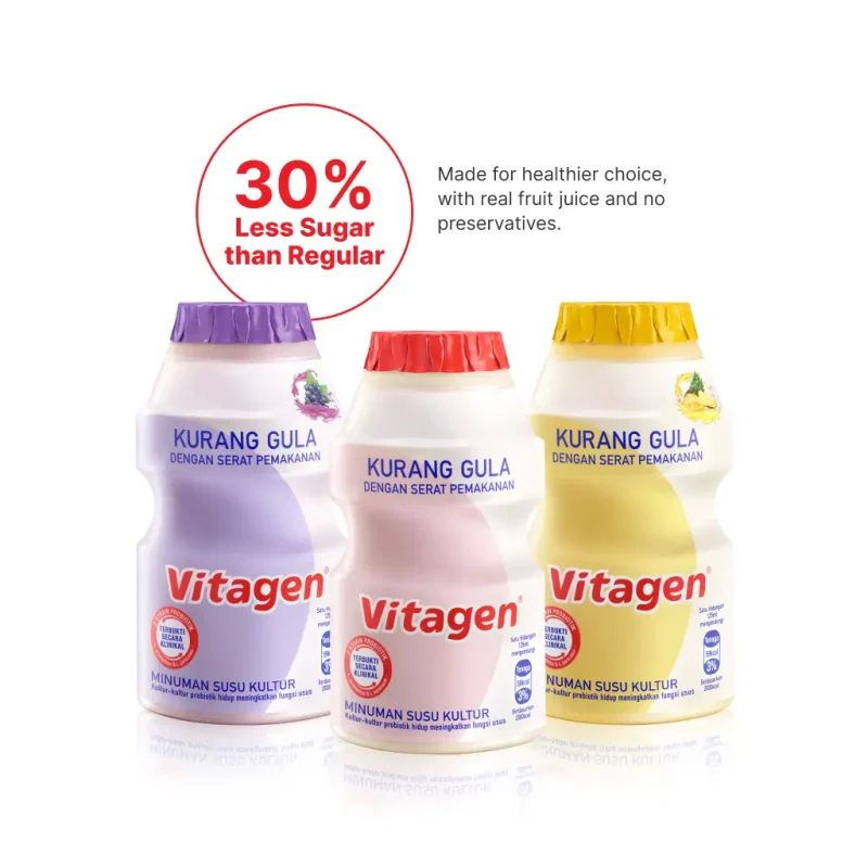 VITAGEN Less Sugar in Grape, LB, and Pineapple flavours, each showcased in individual bottles